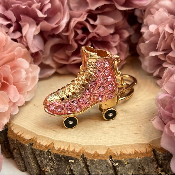 Pink and Gold Crystal Roller Skate Keychain Charm - Picture 9 of 16